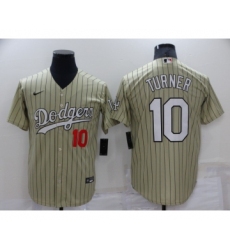 Men's Los Angeles Dodgers #10 Justin Turner Cream Pinstripe Stitched MLB Cool Base Nike Jersey