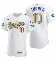 Men's Los Angeles Dodgers #10 Justin Turner Olive Gold 2020 World Series Champions Authentic Jersey