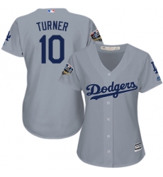 Women's Majestic Los Angeles Dodgers #10 Justin Turner Authentic Grey Road Cool Base 2018 World Series MLB Jersey
