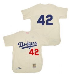 Men's Mitchell and Ness Los Angeles Dodgers #42 Jackie Robinson Authentic Cream Throwback MLB Jersey