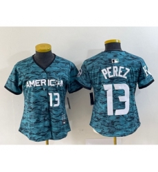 Women's Kansas City Royals #13 Salvador Perez Teal 2023 All Star Cool Base With Patch Stitched Baseball Jersey