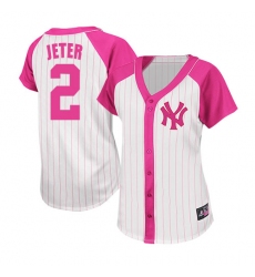Women's Majestic New York Yankees #2 Derek Jeter Authentic White/Pink Splash Fashion MLB Jersey