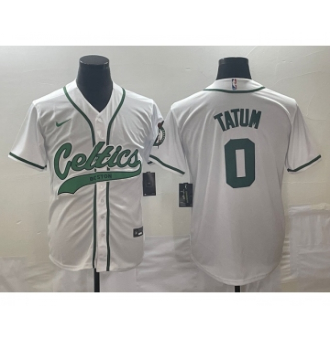 Men's Boston Celtics #0 Jayson Tatum White With Patch Stitched Baseball Jersey
