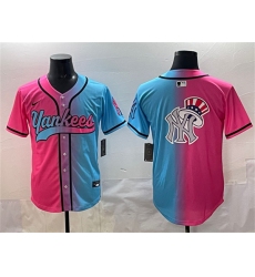 Men's New York Yankees Team Big Logo Pink Blue Limited Stitched Baseball Jersey