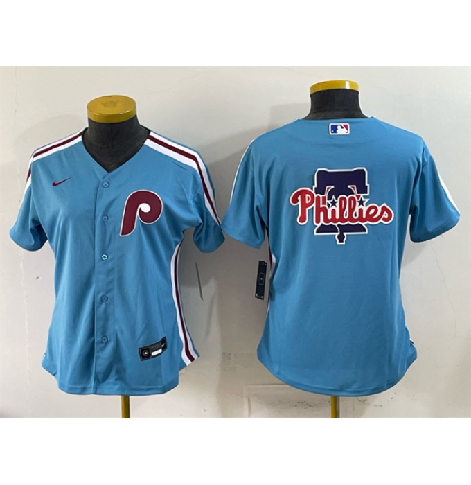 Women's Philadelphia Phillies Team Big Logo Blue Stitched Baseball Jersey(Run Small)