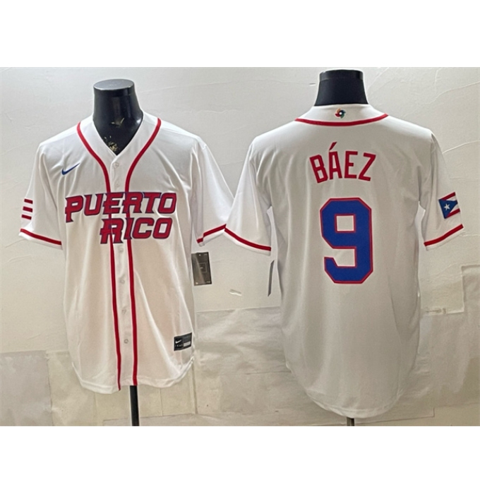 Men's Puerto Rico Baseball #9 Javier Báez White 2026 World Baseball Classic Home Stadium Stitched Jersey