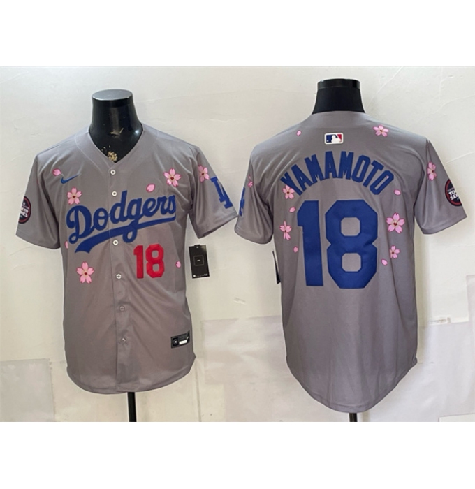 Men's Los Angeles Dodgers #18 Yoshinobu Yamamoto Grey 2025 Tokyo Series Limited Stitched Baseball Jersey