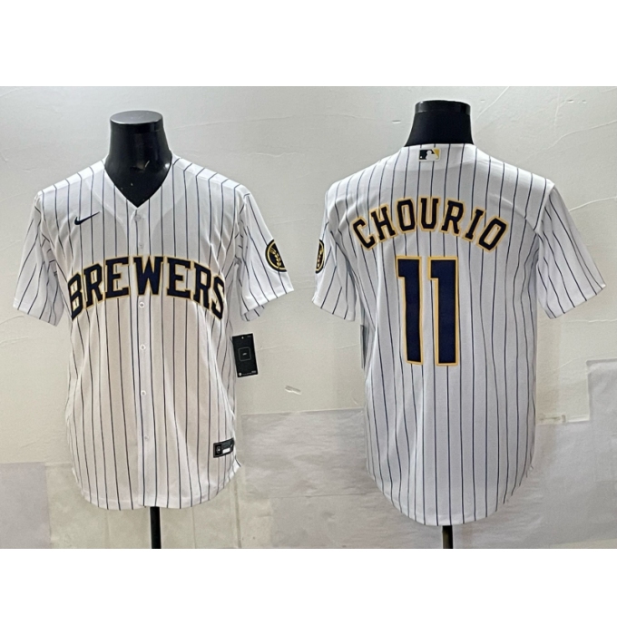 Men's Milwaukee Brewers #11 Jackson Chourio White Pinstripe 2025 With Stitched Baseball Jersey